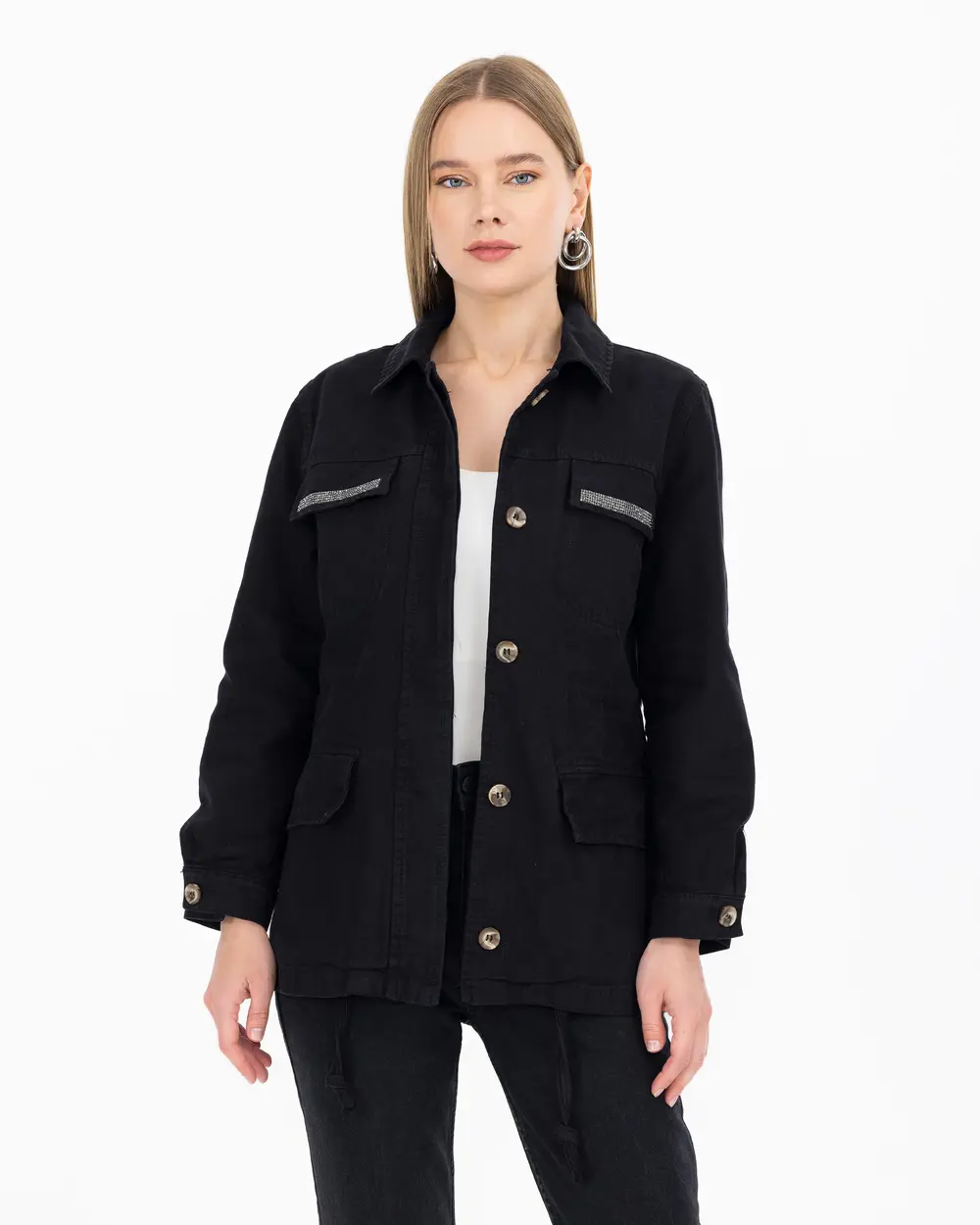 Kanvas Gömlek Yaka Taşlı Ceket