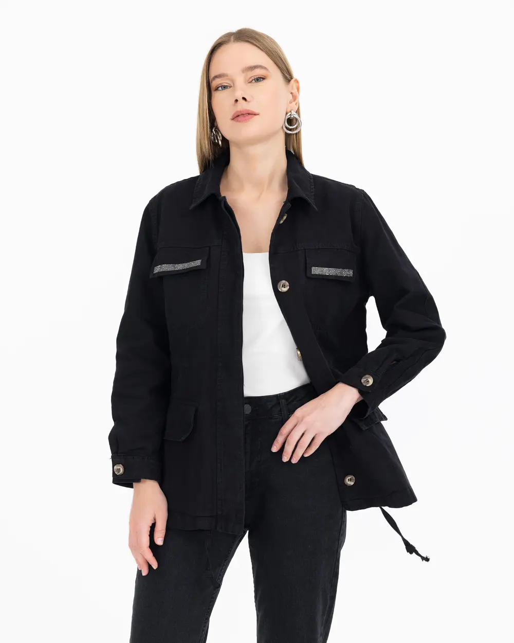 Kanvas Gömlek Yaka Taşlı Ceket