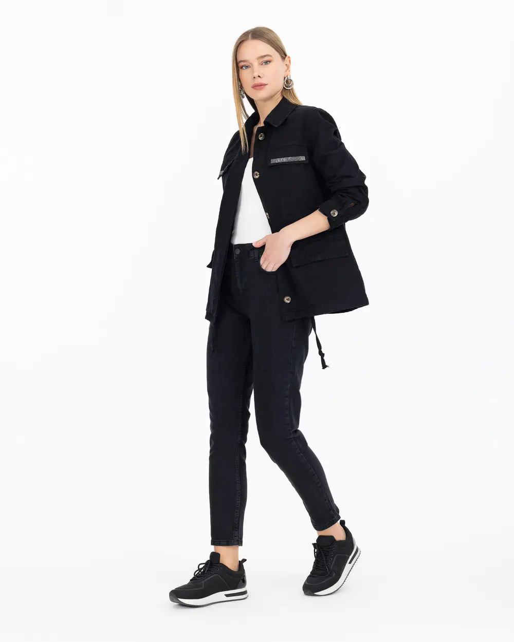 Kanvas Gömlek Yaka Taşlı Ceket