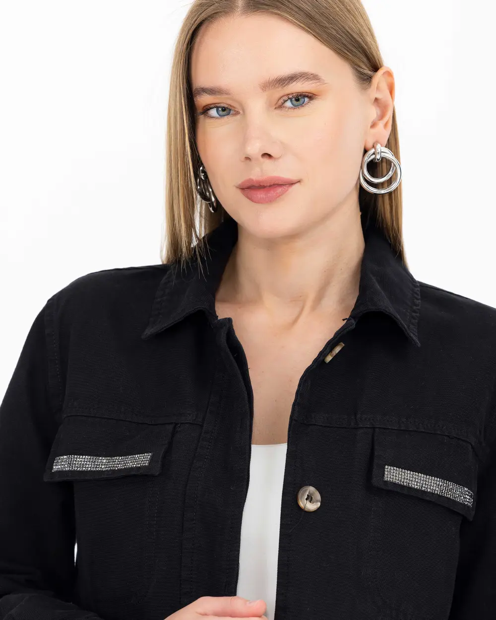 Kanvas Gömlek Yaka Taşlı Ceket