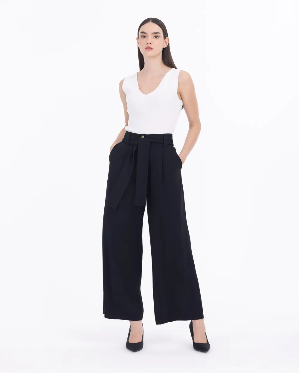 Belted Wide Cut Ankle Length Trousers