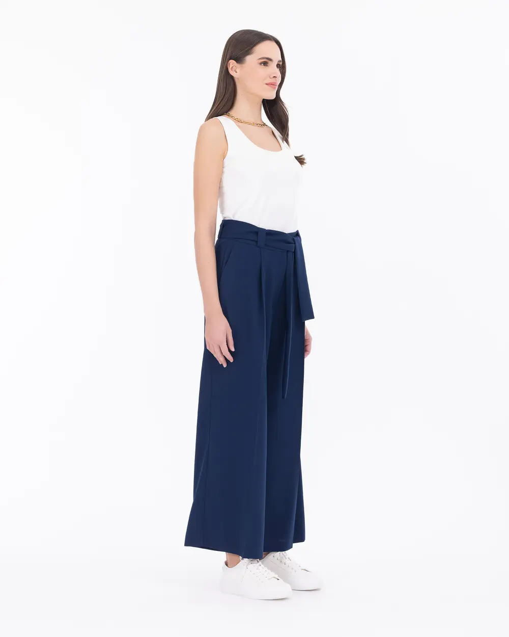 Belted Wide Cut Ankle Length Trousers