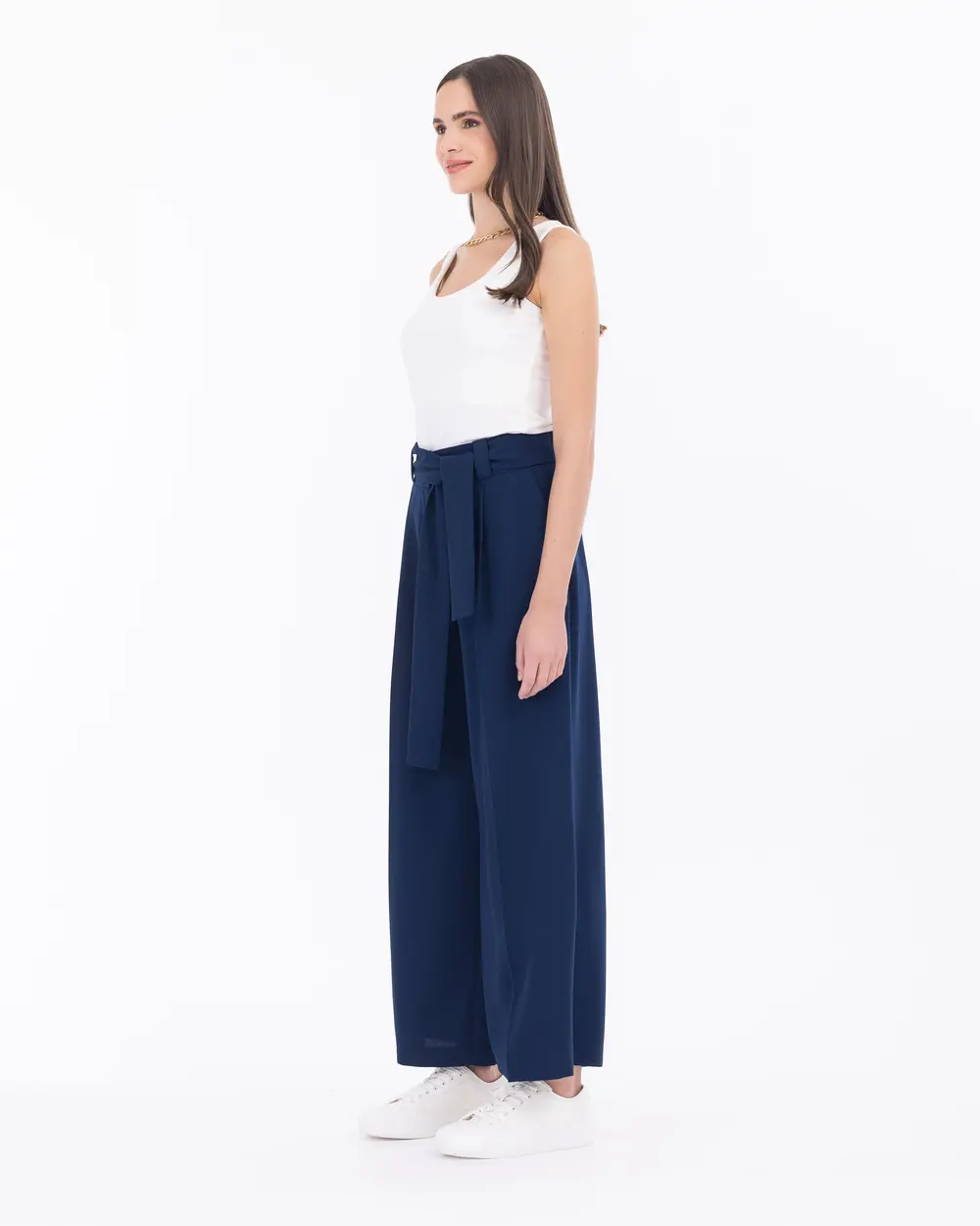 Belted Wide Cut Ankle Length Trousers