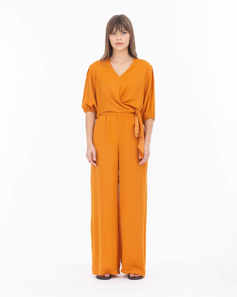 Wide Cut Elastic Waist Full Length Trousers