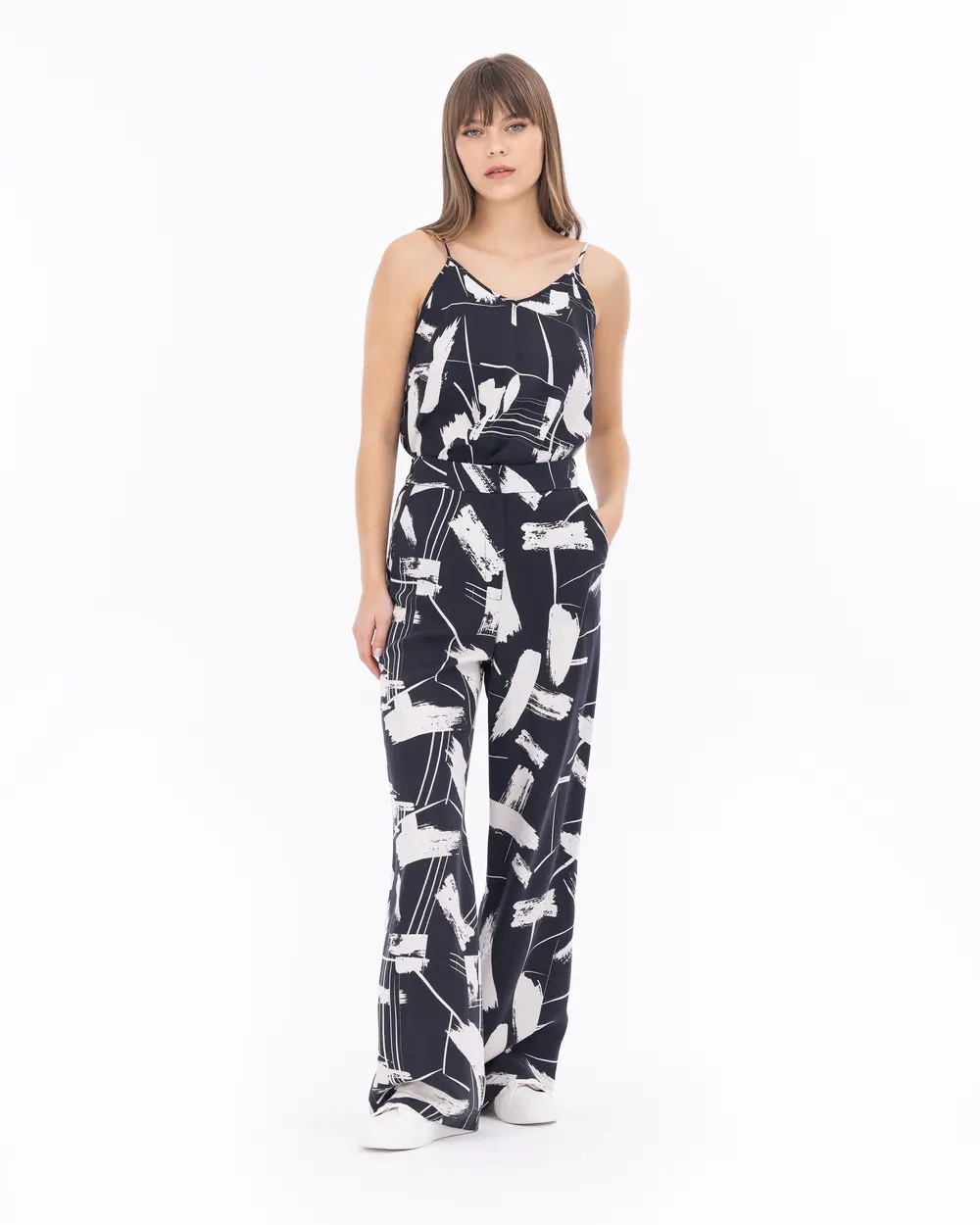 Patterned Wide Cut Full Length Trousers