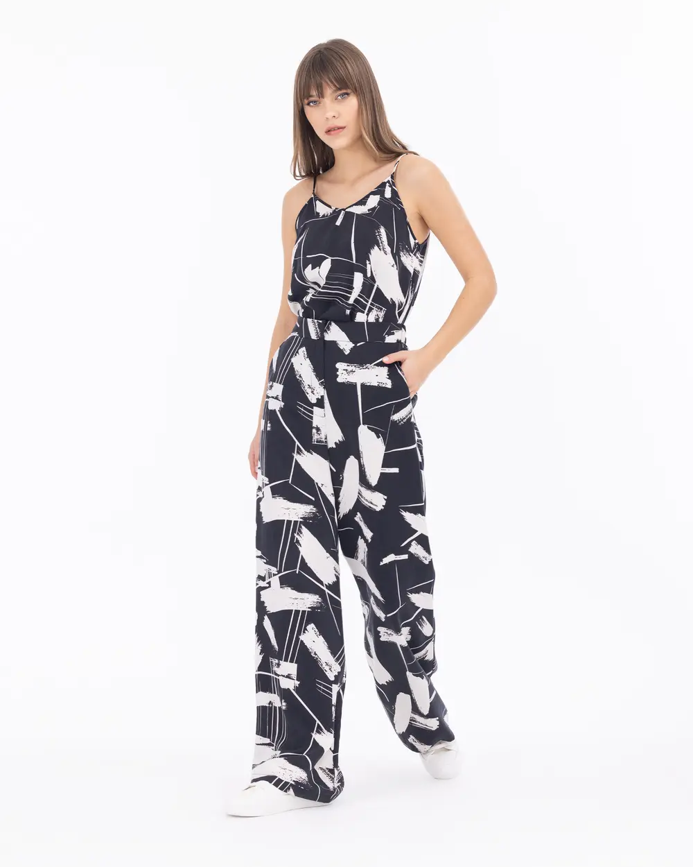 Patterned Wide Cut Full Length Trousers