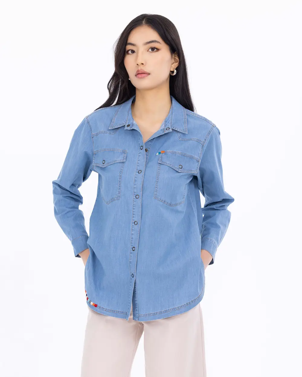 Embroidery Detailed Long Sleeve Denim Shirt