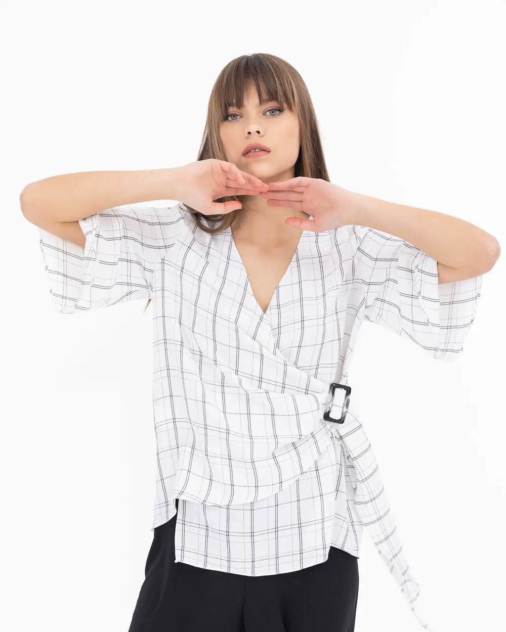 Double Breasted Collar Square Pattern Blouse
