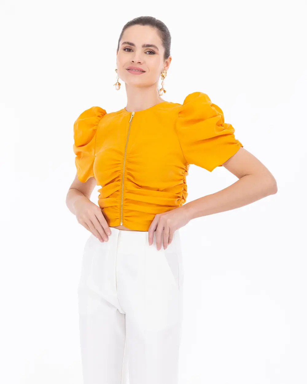 Draped Detailed Waist Length Short Sleeve Blouse