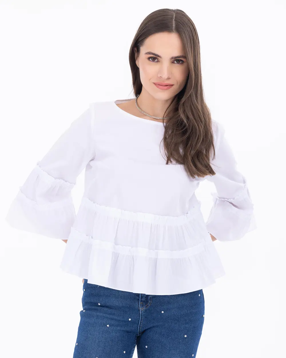 Wide Sleeve Round Neck Tiered Blouse