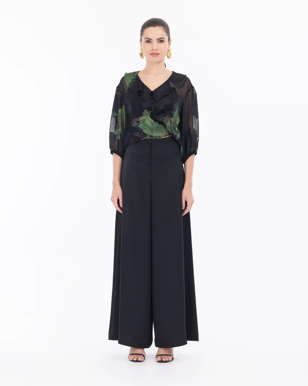 Şifon Balon Kol Crop Şık Bluz