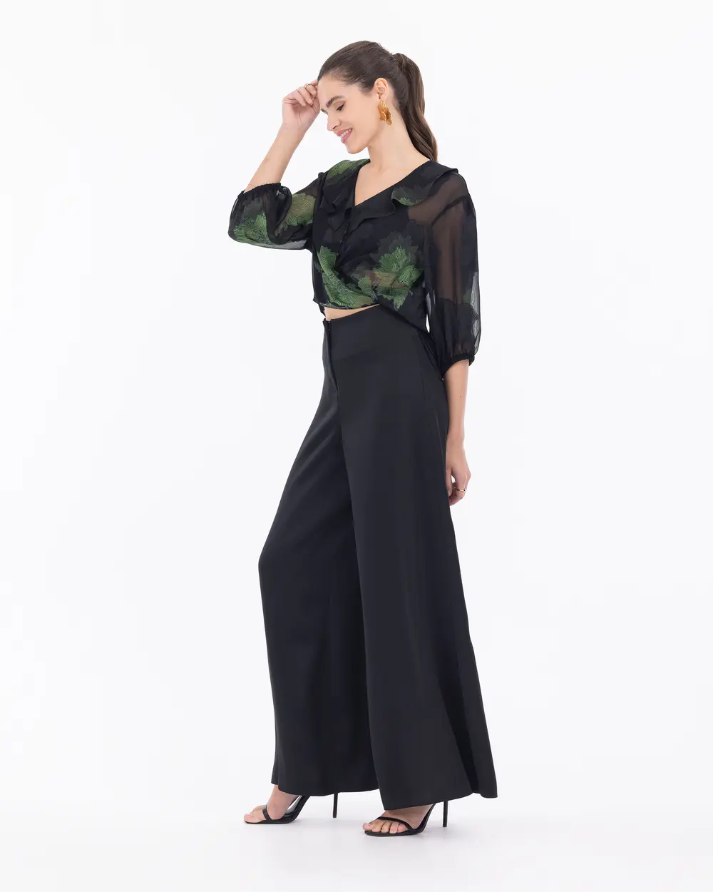 Şifon Balon Kol Crop Şık Bluz