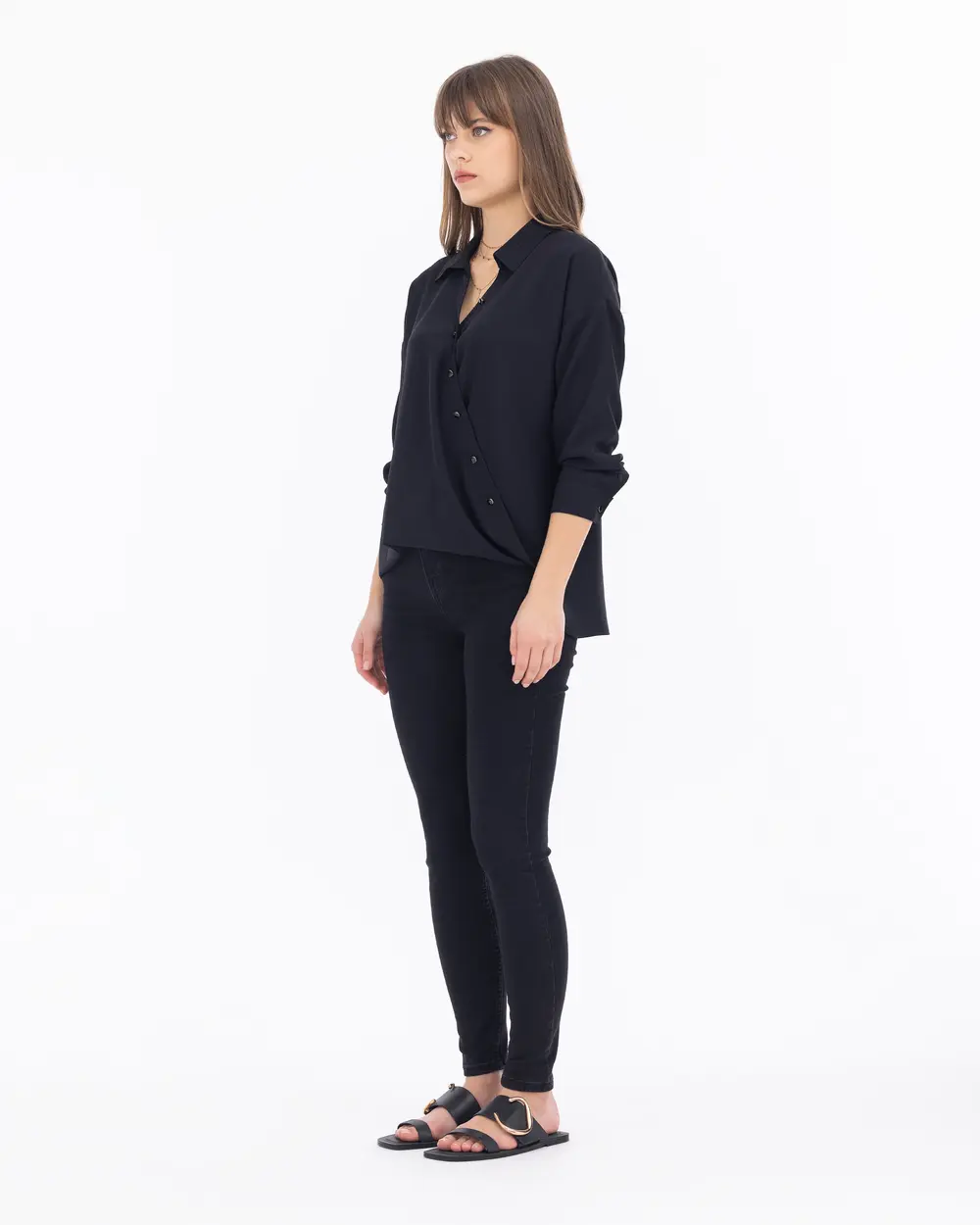 Gömlek Yaka Manşetli Uzun Kollu Bluz