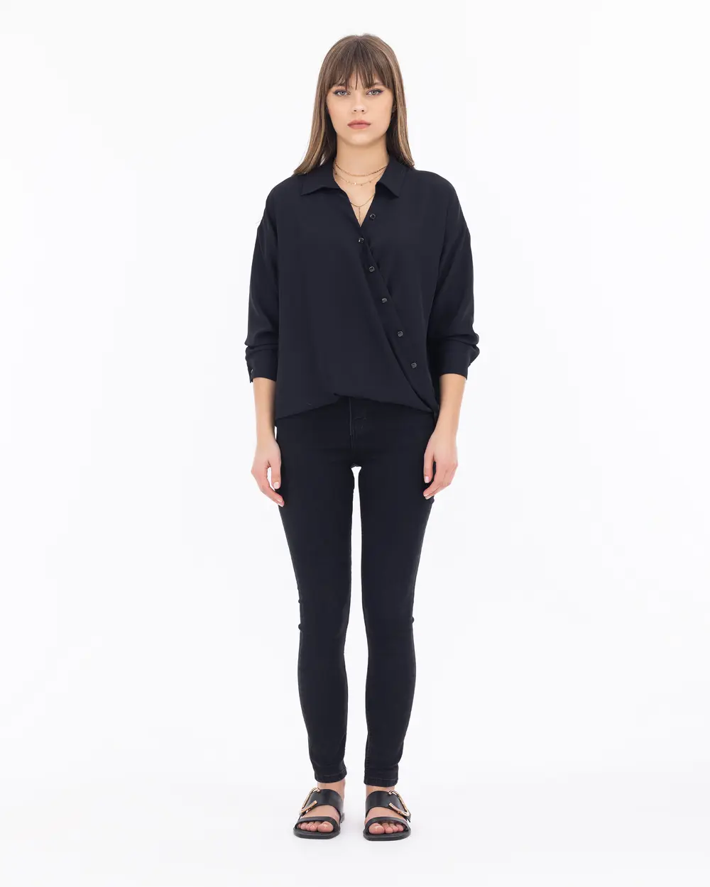 Gömlek Yaka Manşetli Uzun Kollu Bluz