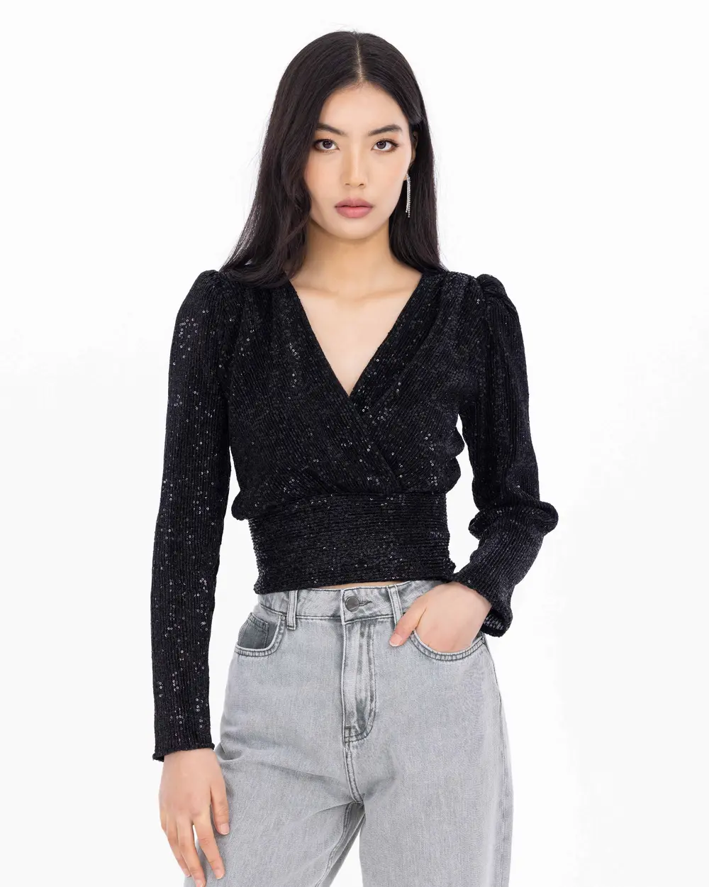 Sequined Double Breasted Collar Waist Length Blouse