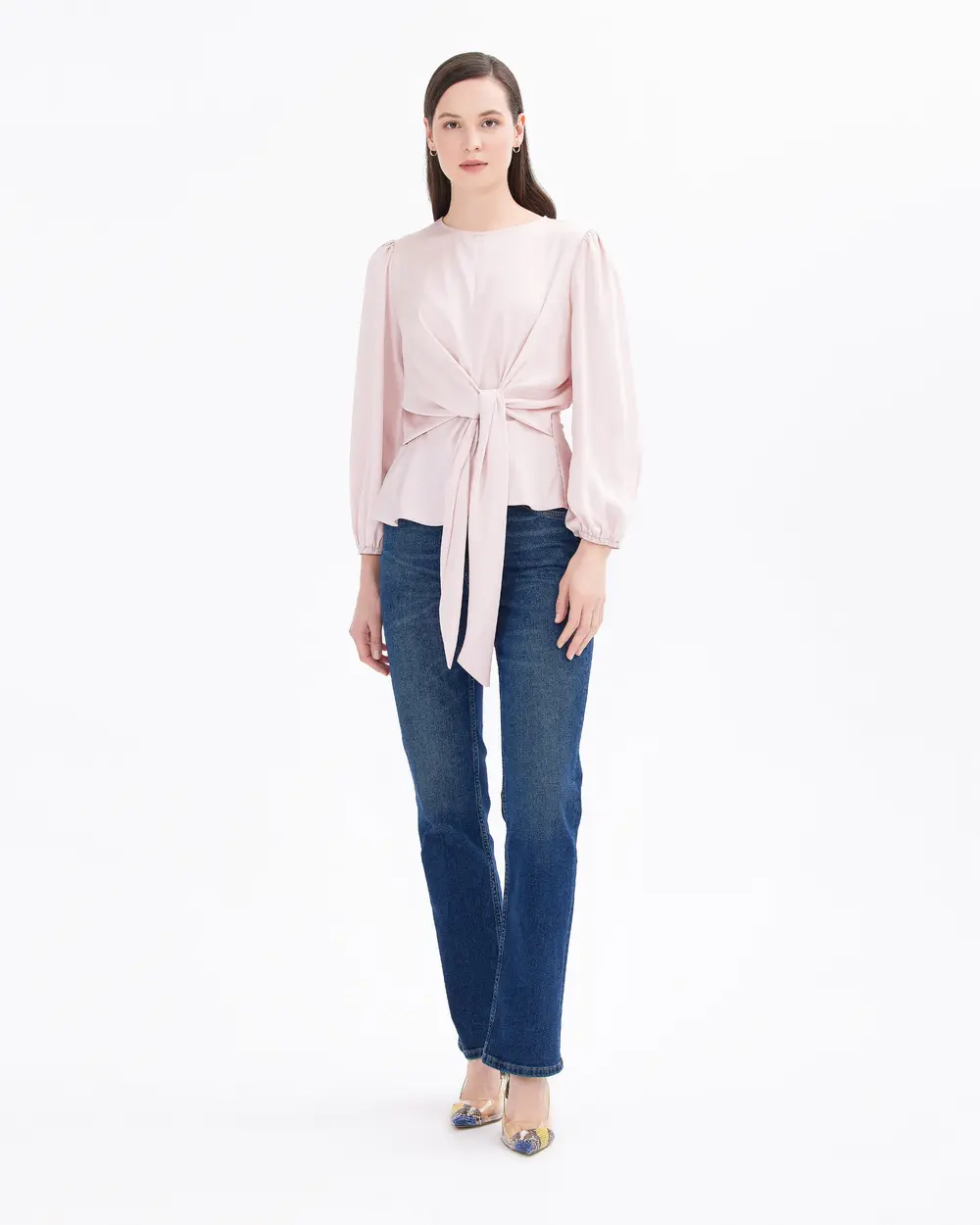 Pleated Waist Long Sleeve Blouse