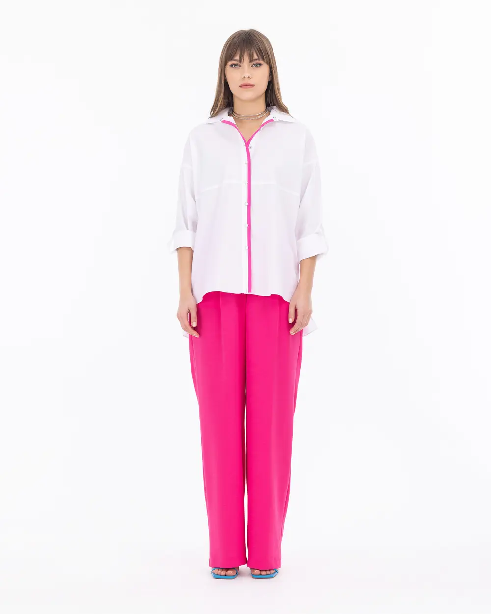 Piping Detailed Foldable Sleeve Poplin Shirt