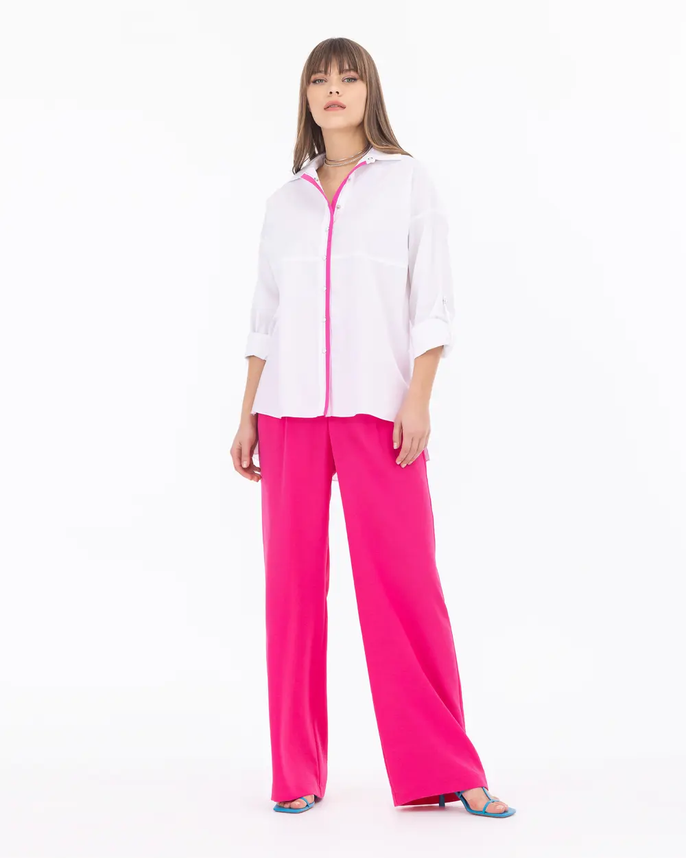 Piping Detailed Foldable Sleeve Poplin Shirt