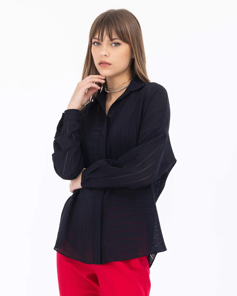 Gizli Düğme Uzun Kollu Gömlek