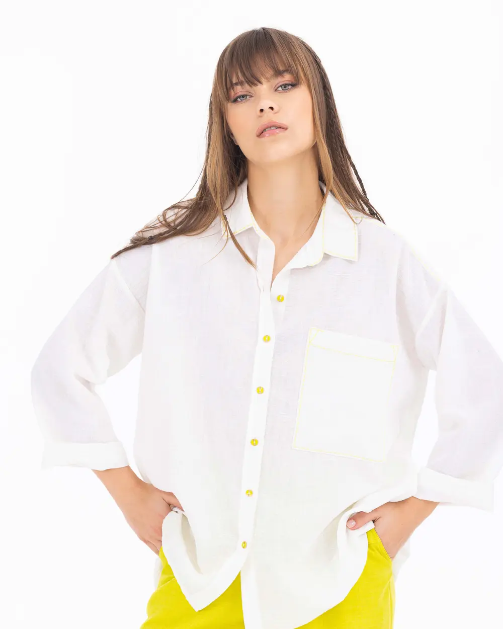 Dikiş Detaylı Asimetrik Gömlek