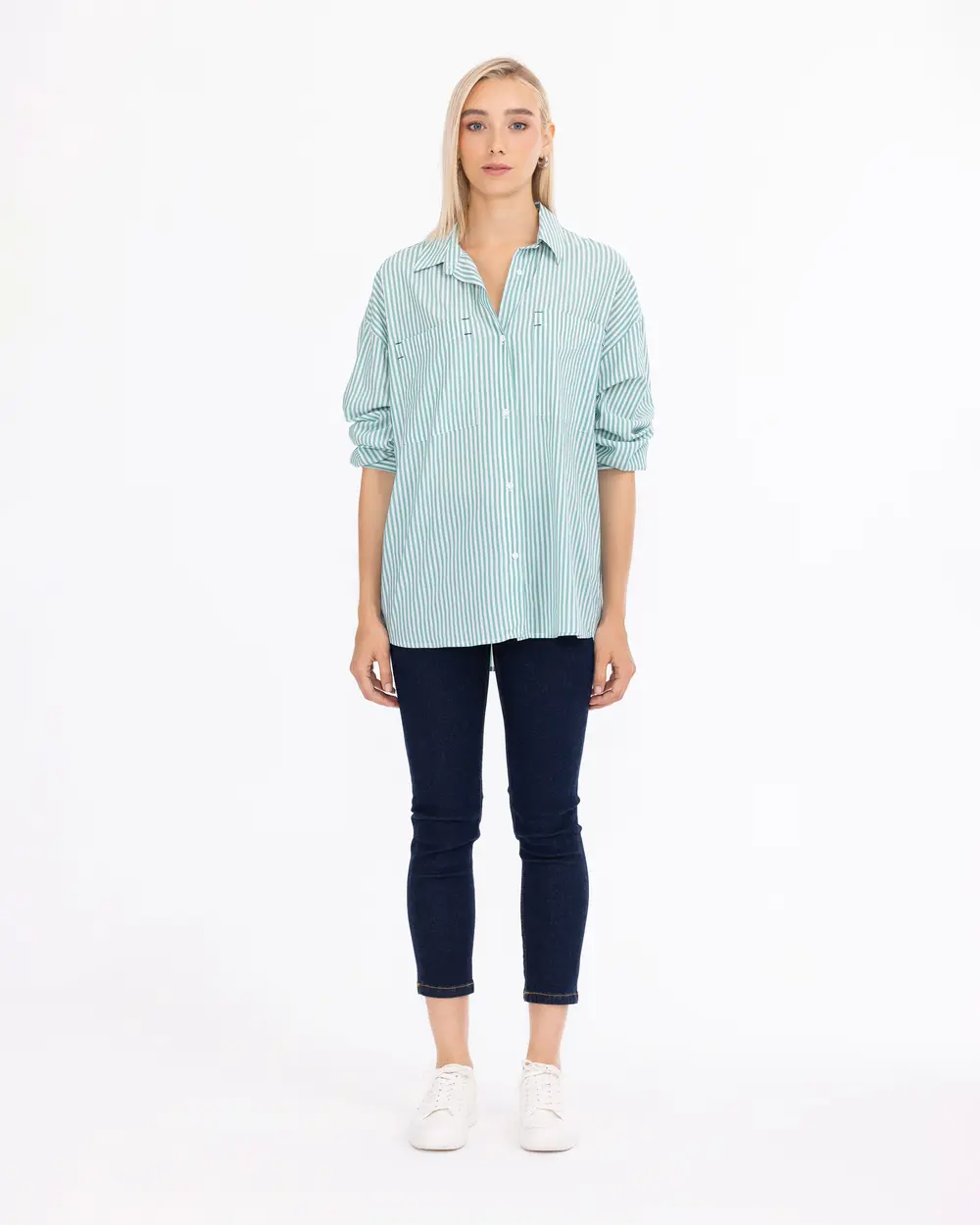 Pocket Detailed Striped Hip-Length Shirt