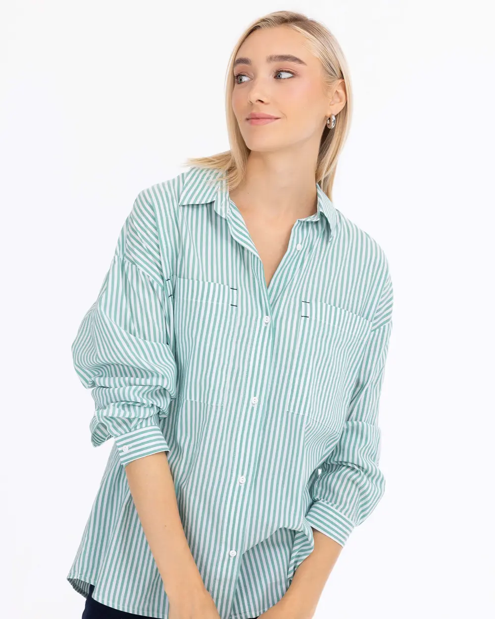 Pocket Detailed Striped Hip-Length Shirt