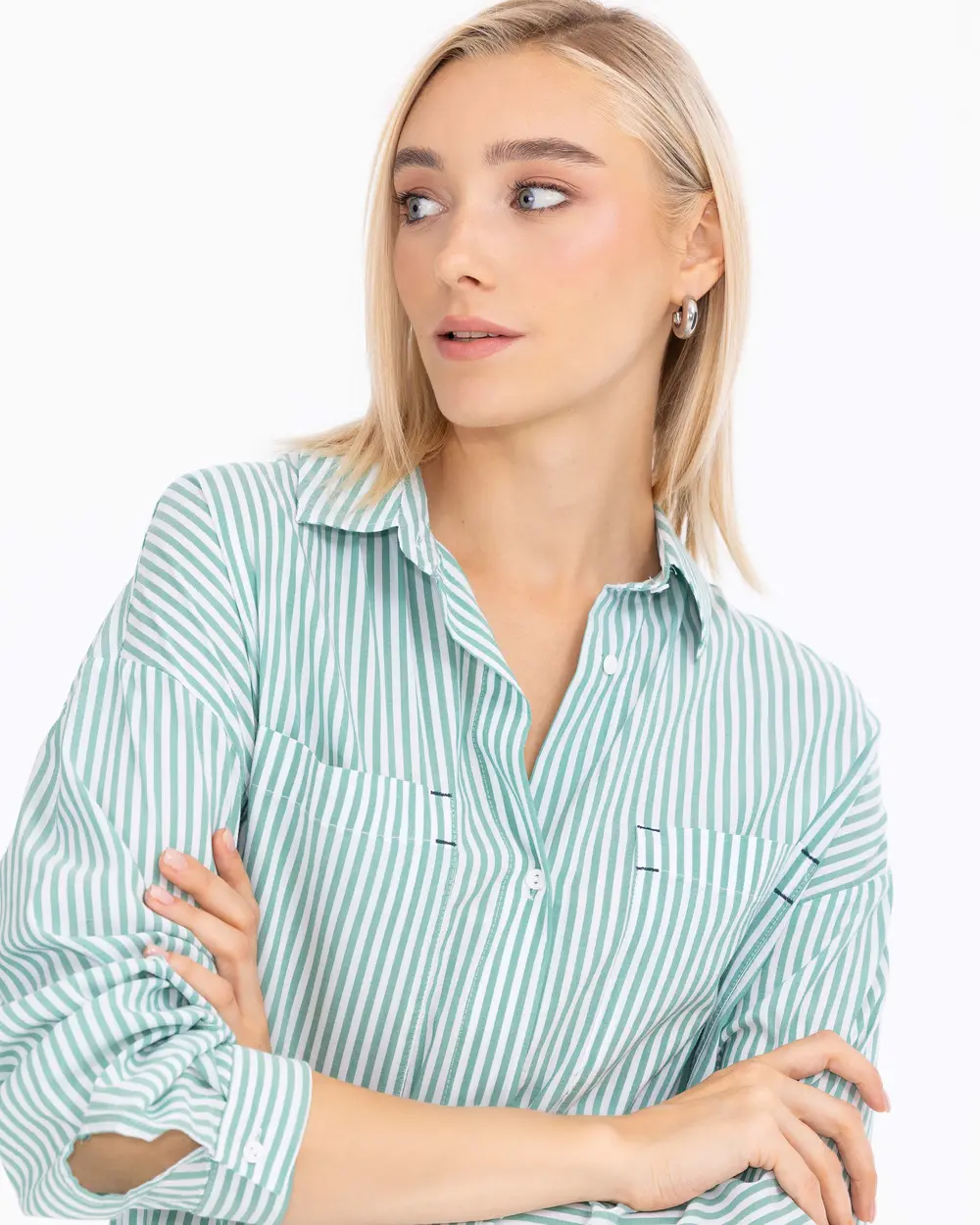 Pocket Detailed Striped Hip-Length Shirt