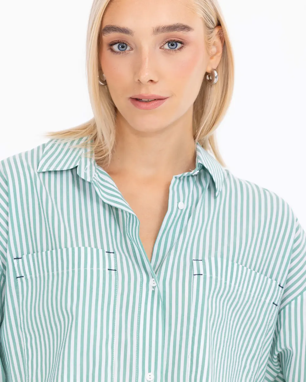 Pocket Detailed Striped Hip-Length Shirt
