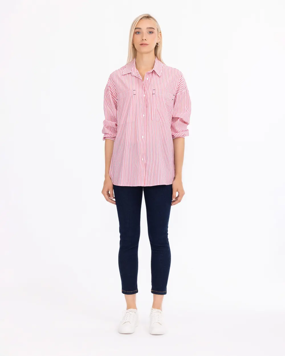 Pocket Detailed Striped Hip-Length Shirt