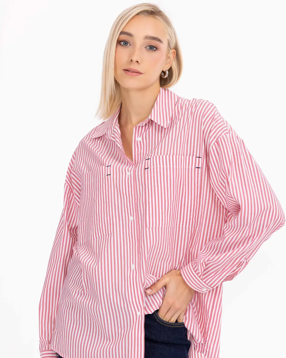 Pocket Detailed Striped Hip-Length Shirt