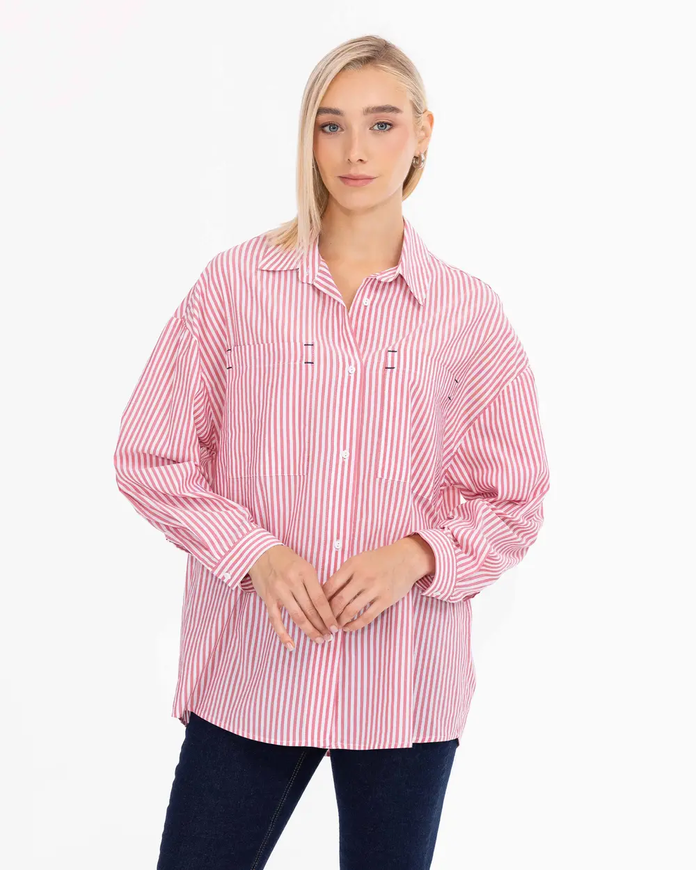 Pocket Detailed Striped Hip-Length Shirt