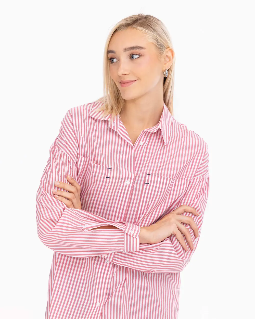 Pocket Detailed Striped Hip-Length Shirt