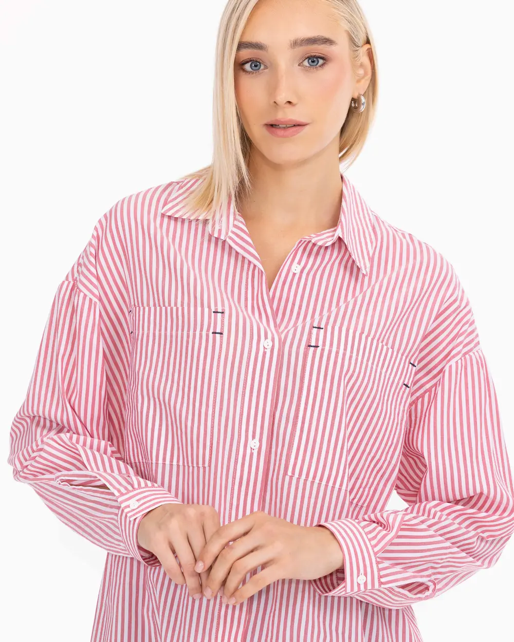 Pocket Detailed Striped Hip-Length Shirt