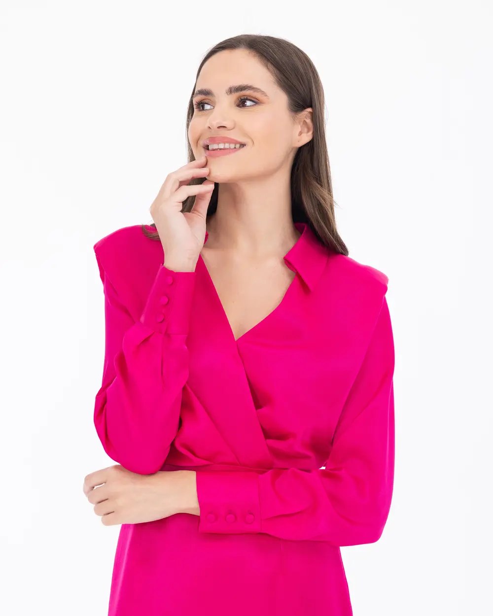 Vatkalı Kruvaze Yaka Saten Dokuma Elbise