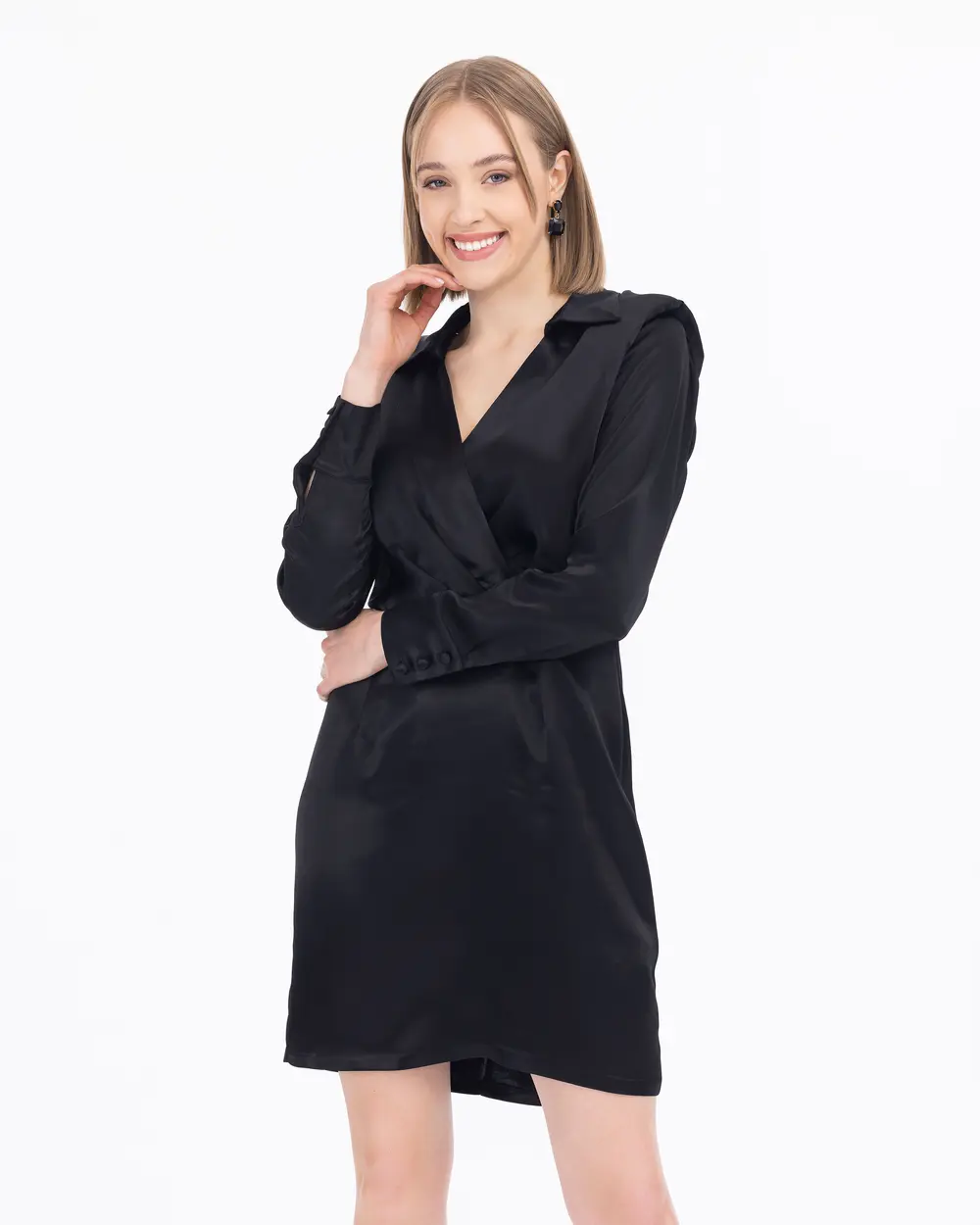 Vatkalı Kruvaze Yaka Saten Dokuma Elbise