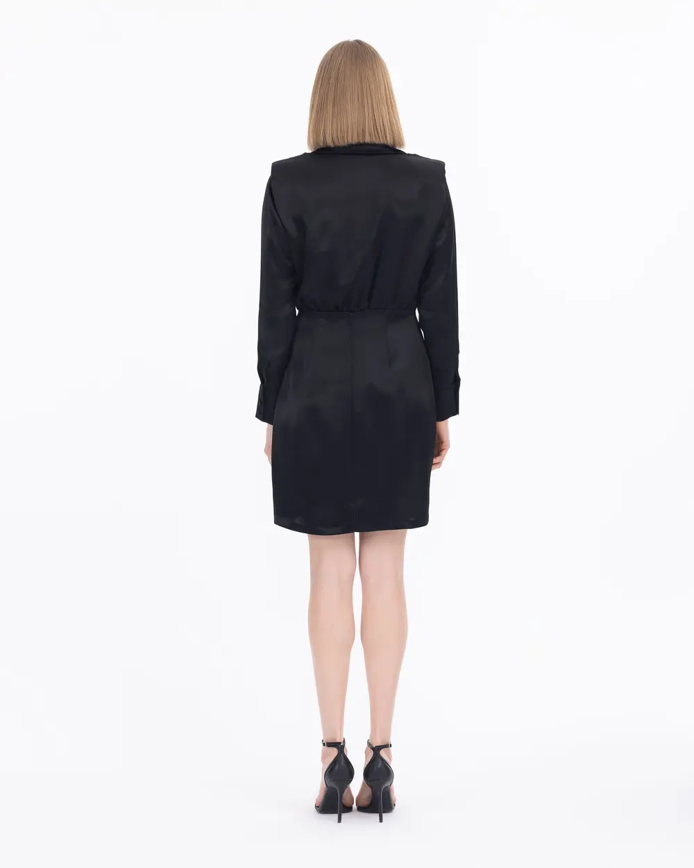 Vatkalı Kruvaze Yaka Saten Dokuma Elbise