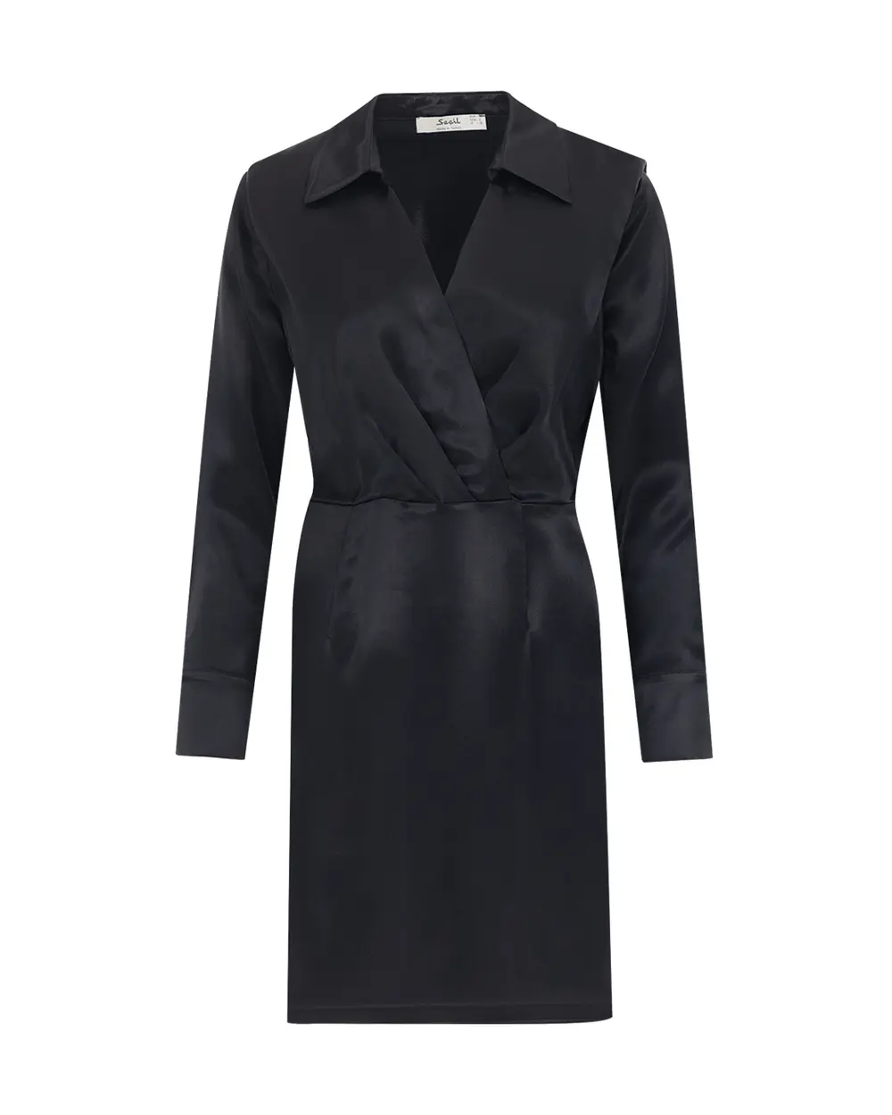 Vatkalı Kruvaze Yaka Saten Dokuma Elbise