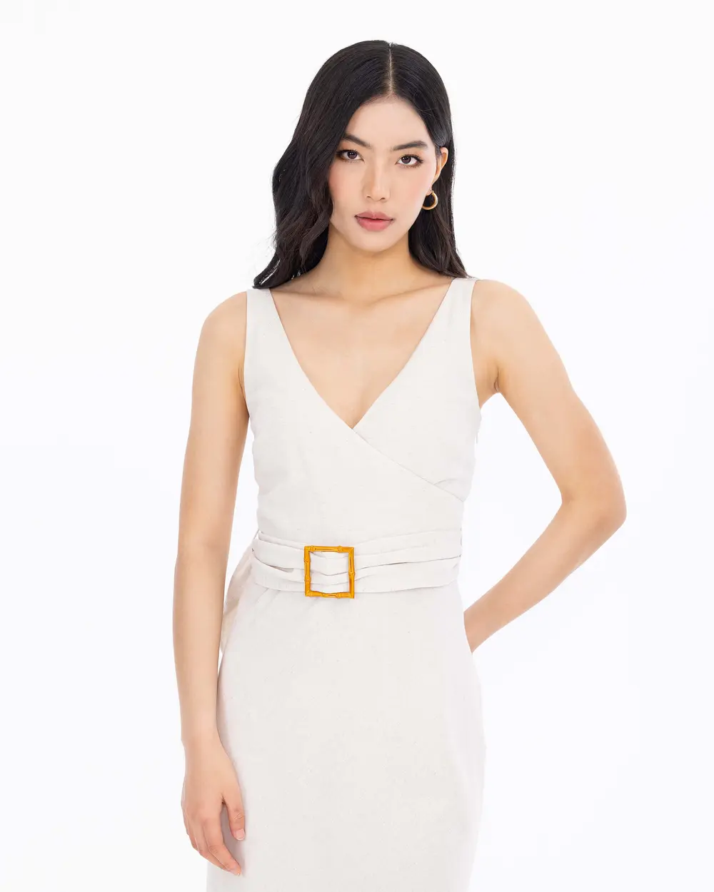 Linen Look Double Breasted Midi Length Dress