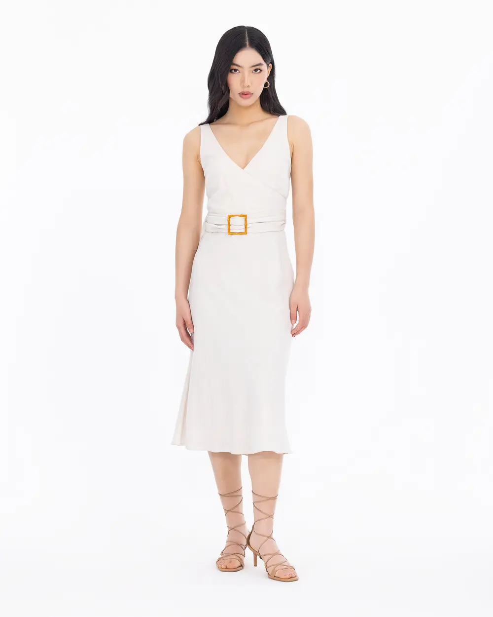 Linen Look Double Breasted Midi Length Dress