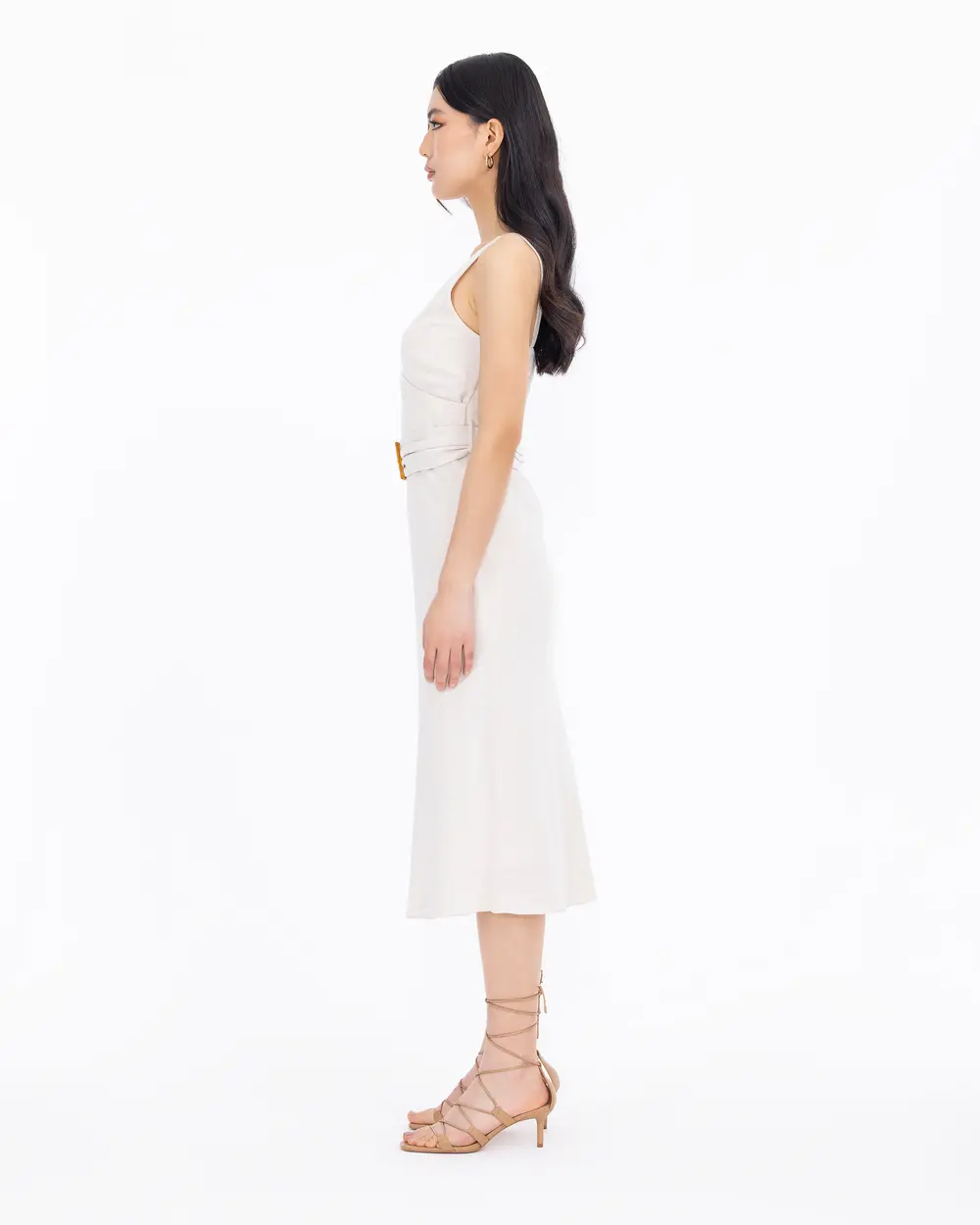 Linen Look Double Breasted Midi Length Dress