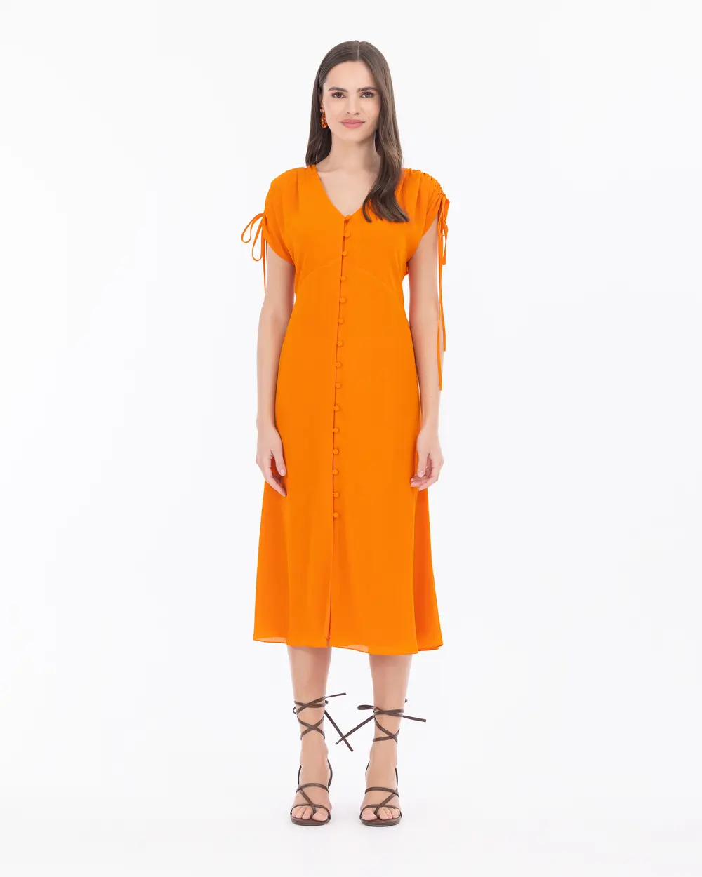 Kol Detaylı Midi Boy V Yaka Elbise