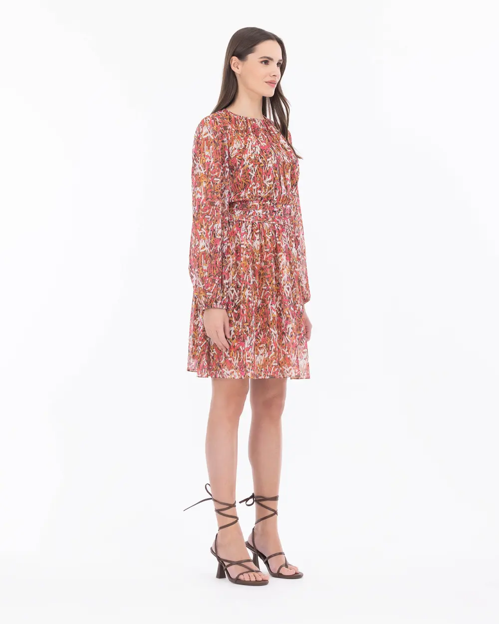 Desenli Sıfır Yaka Şifon Elbise