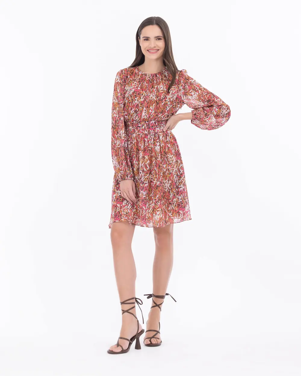 Desenli Sıfır Yaka Şifon Elbise