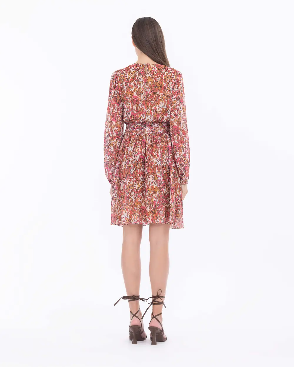 Desenli Sıfır Yaka Şifon Elbise