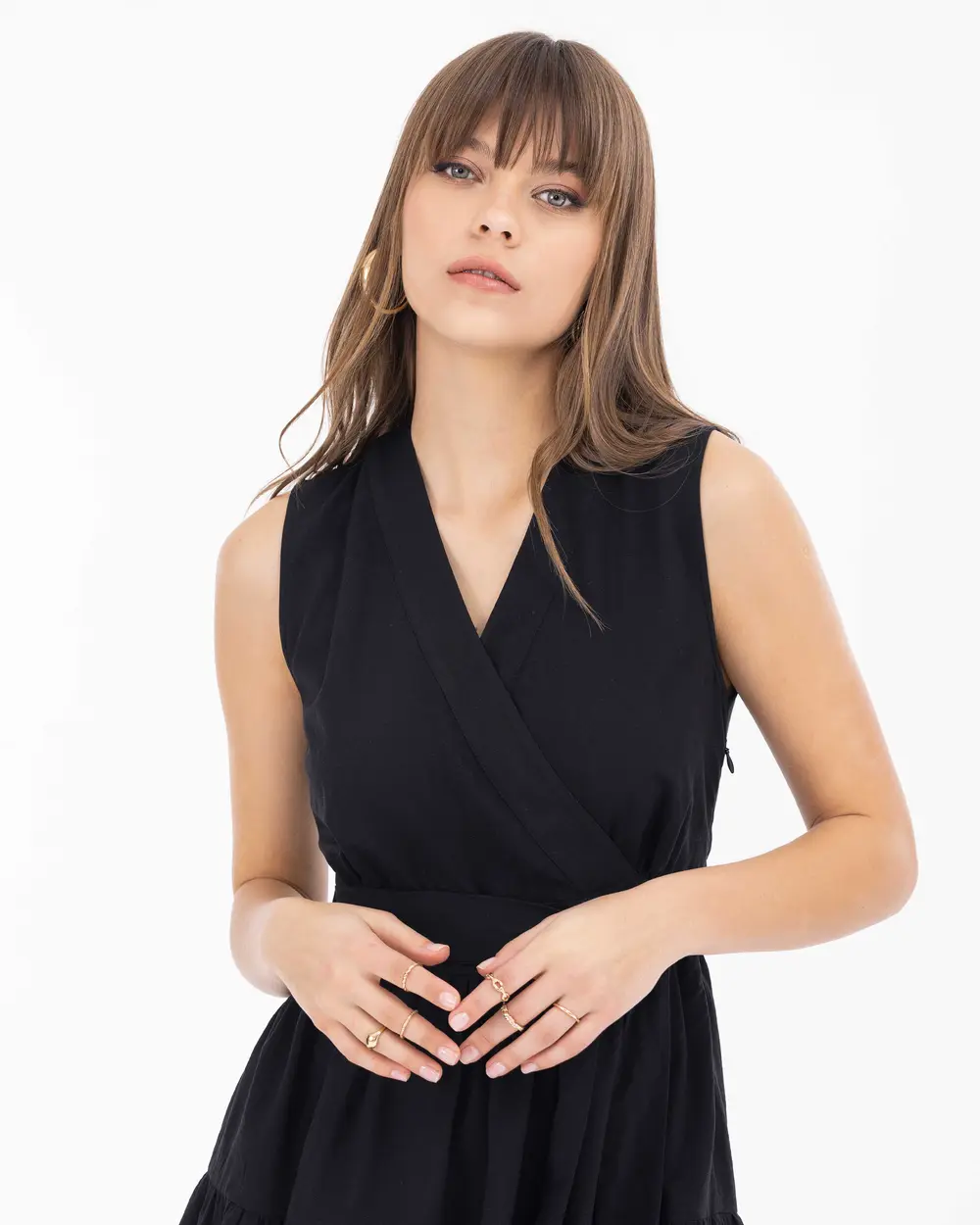 Double Breasted Collar Sleeveless Layered Dress