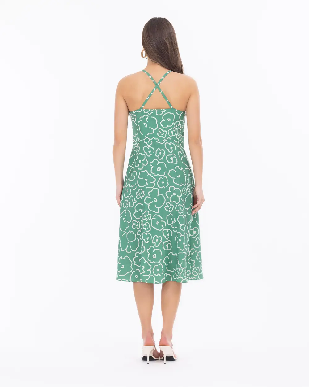 Floral Pattern Cross Strap Midi Length Dress