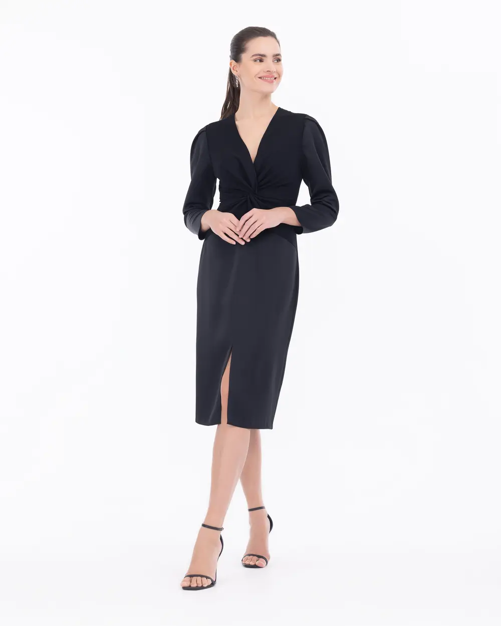 Saten Dokuma Yaka Detaylı Midi Boy Elbise