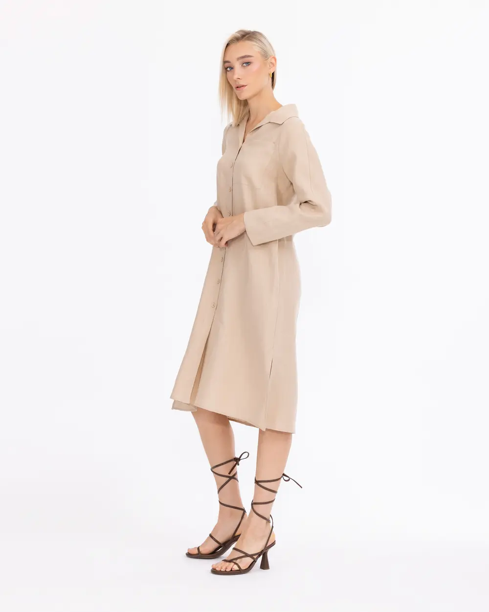Pocket Detailed Shirt Cut Linen Dress