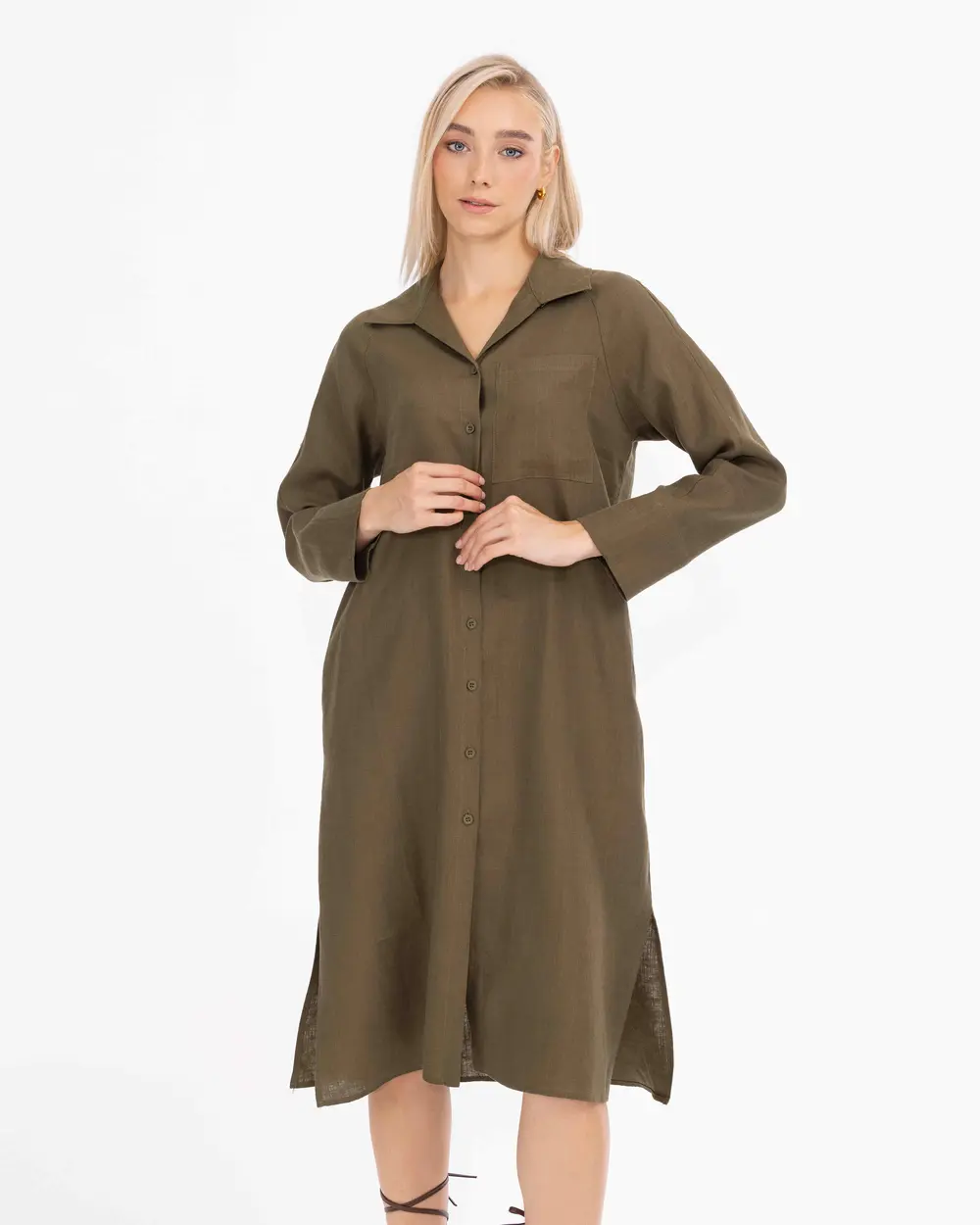 Pocket Detailed Shirt Cut Linen Dress