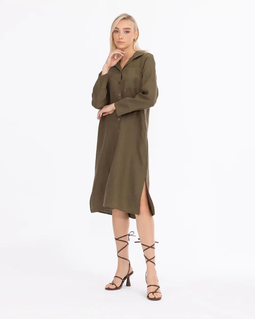 Pocket Detailed Shirt Cut Linen Dress